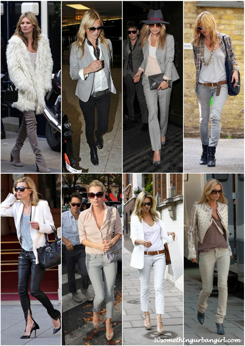 Kate Moss's street style with light grey's outfits