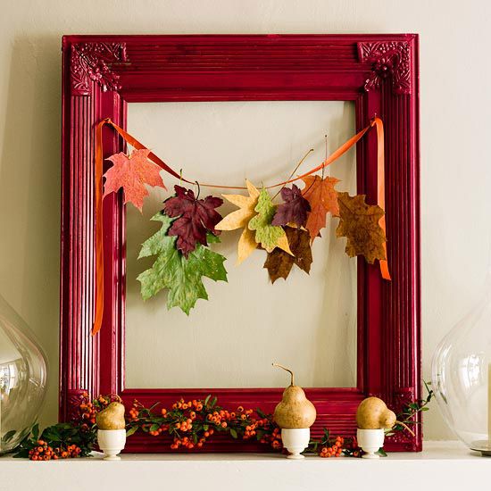 fall decoration with leaves in a picture frame