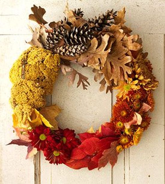 fall decoration wreath with flowers and leaves