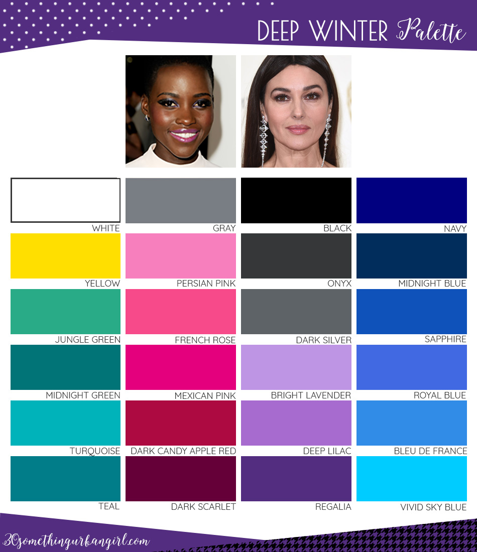 Best colors for Deep Winter seasonal color women; Deep Winter color palette