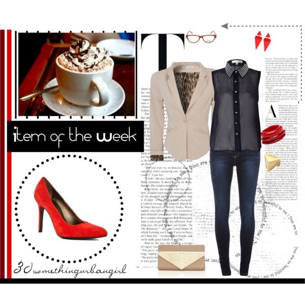 outfit with red heels, beige blazer, black blouse and jeans