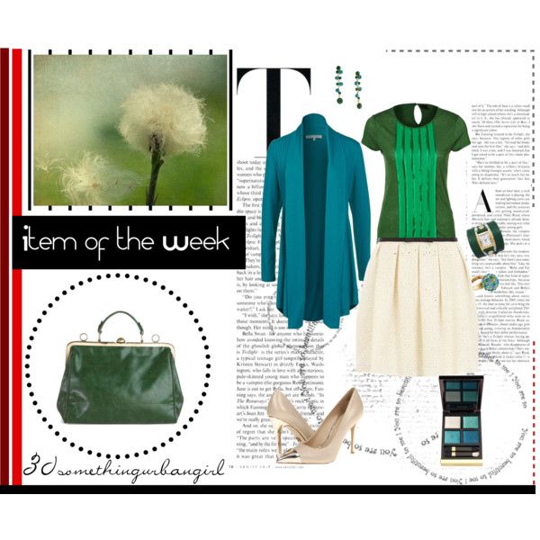 outfit with emerald bag, turquoise cardigan, emerald top and whtie skirt