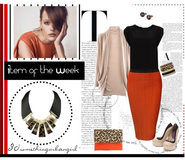 outfit with statement necklace, black top, orange skirt