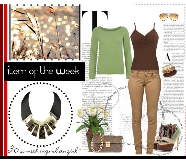 outfit with brown jeans, top, green sweater and statement necklace