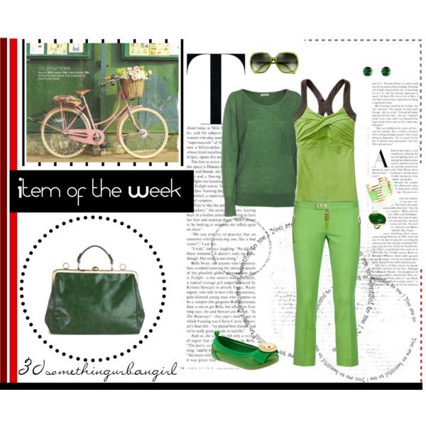 outfit with emerald pants, top, bag and sweater