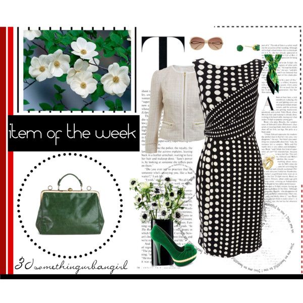 outfit with emerald bag and polka dot dress