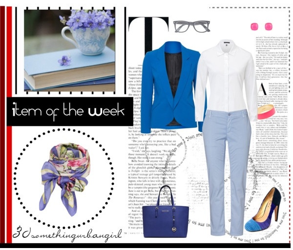 outfit idea with spring scarf, white blouse and blue pants