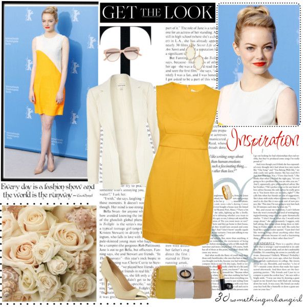 Chic outfit idea with yellow dress, white blazer and gold accessories