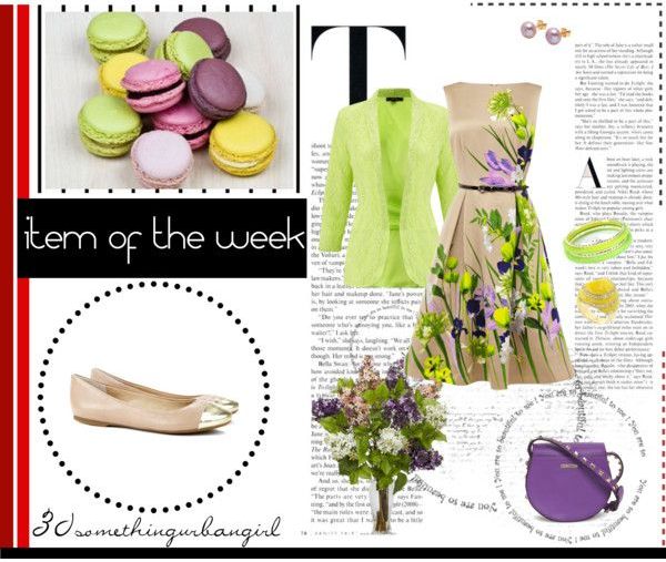 Pretty outfit idea with metallic cap toe flats, floral dress and lime cardigan