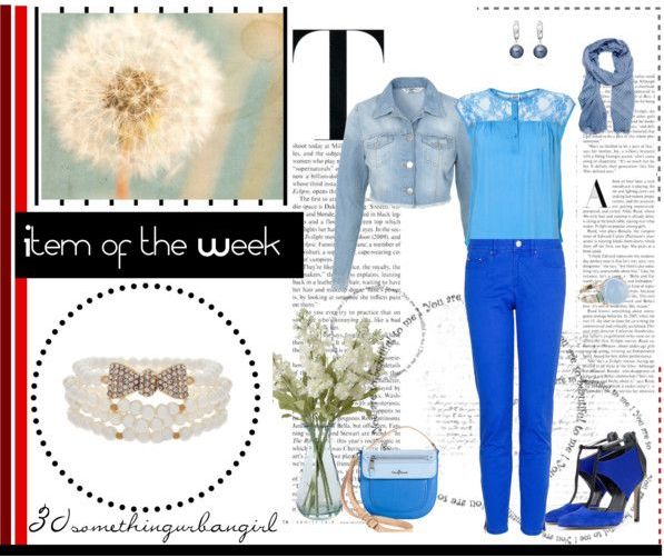 Pretty blue monochrome outfit idea with lace top, jeans and pearl bracelet