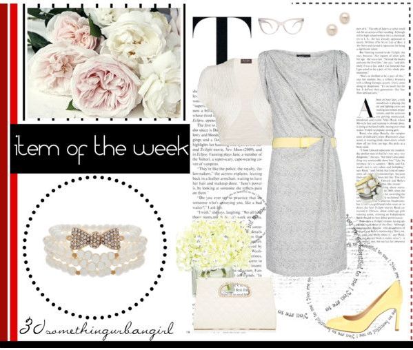 Lovely outfit idea with light gray dress, white bolero, pearl bracelet and lemon yellow accessories