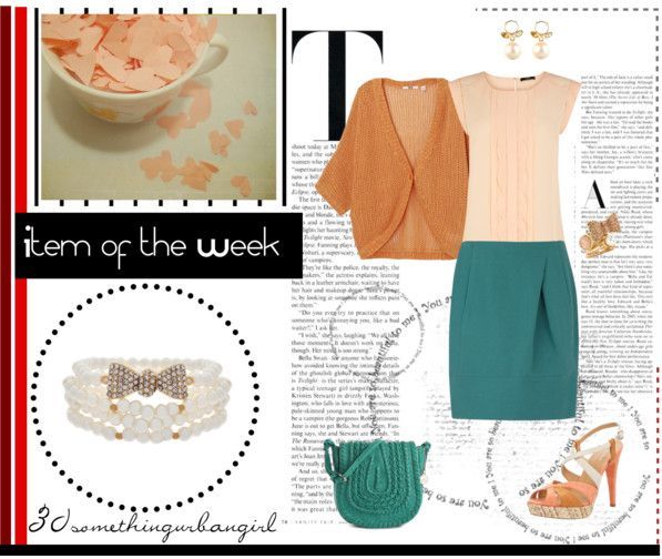 Chic outfit idea with warm colors, peach top, teal skirt and pearl bracelet