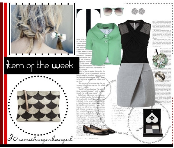 Pretty outfit with scallop pattern clutch, black blouse, gray skirt and mint blazer