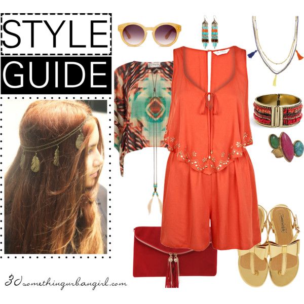 bohemian orange romper outfit with gold accessories