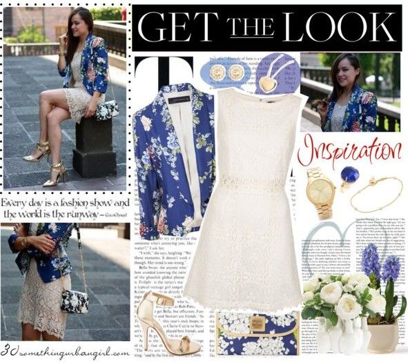 Get the Look: nice lace dress with floral print blazer and gold jewellery outfit