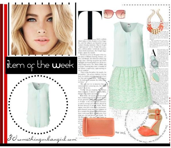 pretty and romantic outfit with mint top and skirt, coral sandals and clutch