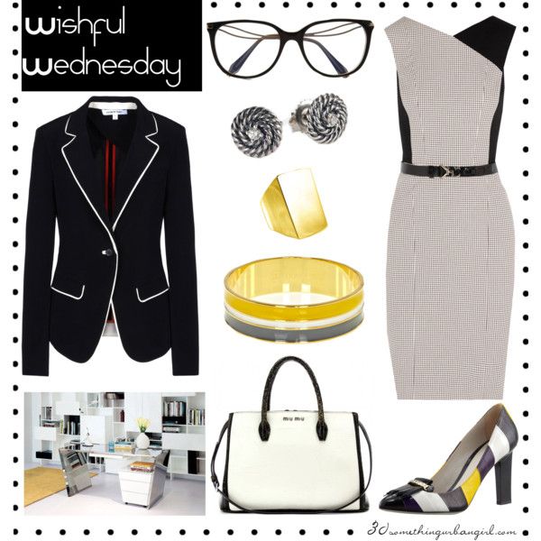 Stylish back to work outfit with designes gray dress, black blazer and yellow jewely