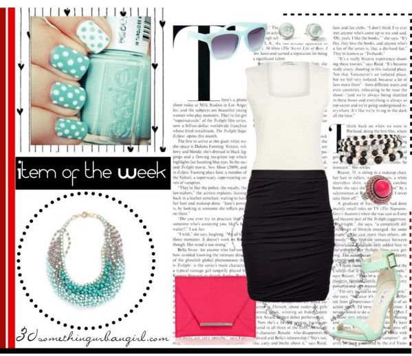 black and white outfit with turquoise ombre necklace and pink clutch