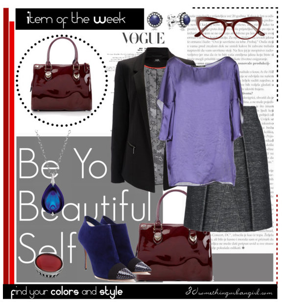 awesome work wear outfit with oxblood bag, violet top and grey skirt