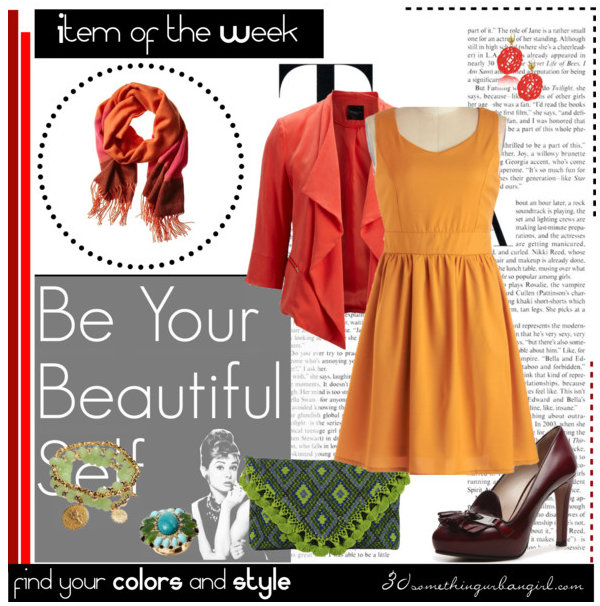 lovely colorful outfit for Warm Autumn with orange colorblock scarf