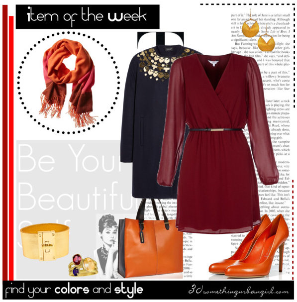 Pretty casual work wear look for Deep Autumns with dark red dress, navy coat and orange accessories