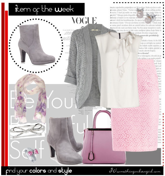 Chic work wear outfit with ivory blouse, pink lace skirt and gray boots