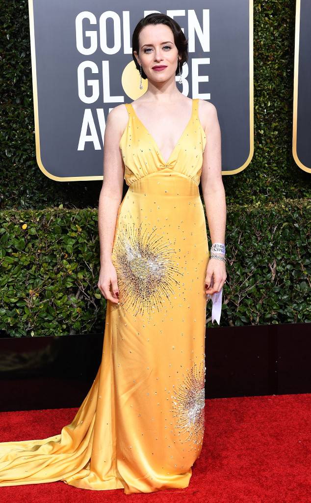 Claire Foy in yellow Miu Miu dress at the Golden Globes 2019