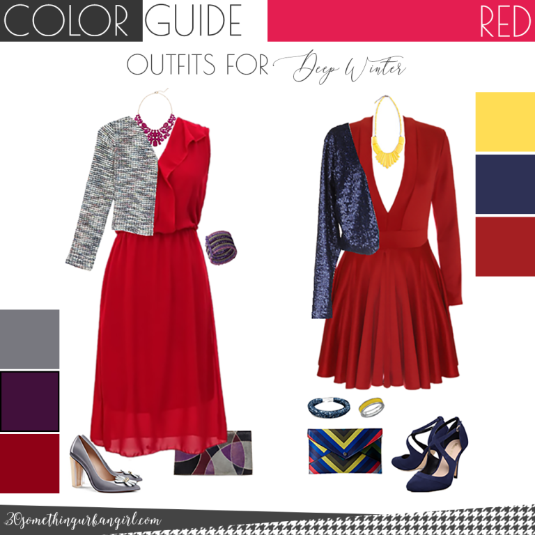 Outfits with beautiful red dresses for Deep Winter seasonal color women by 30somethingurbangirl.com